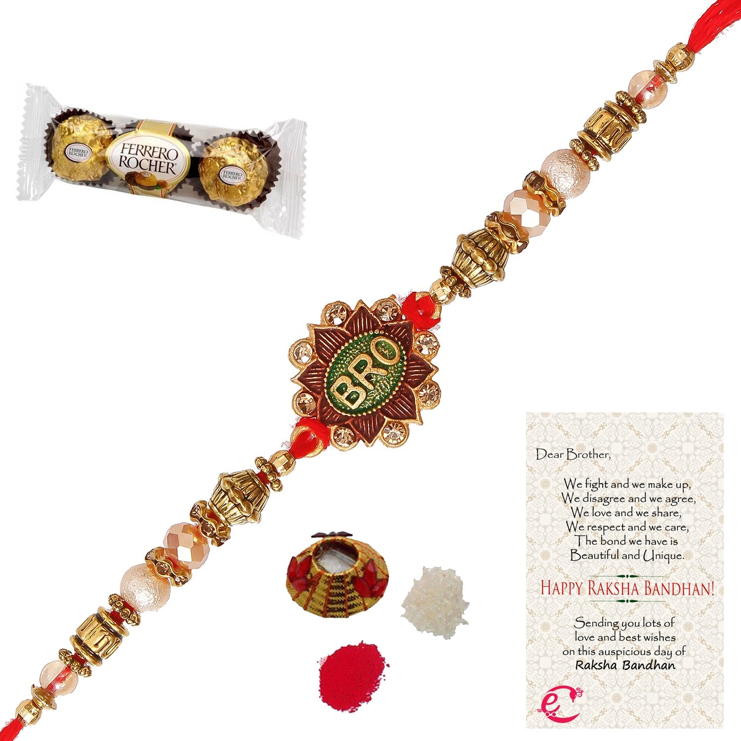 Designer Rakhi with Ferrero Rocher (3 pcs) and Roli Tikka Matki, Best Wishes Greeting Card Kafalo
