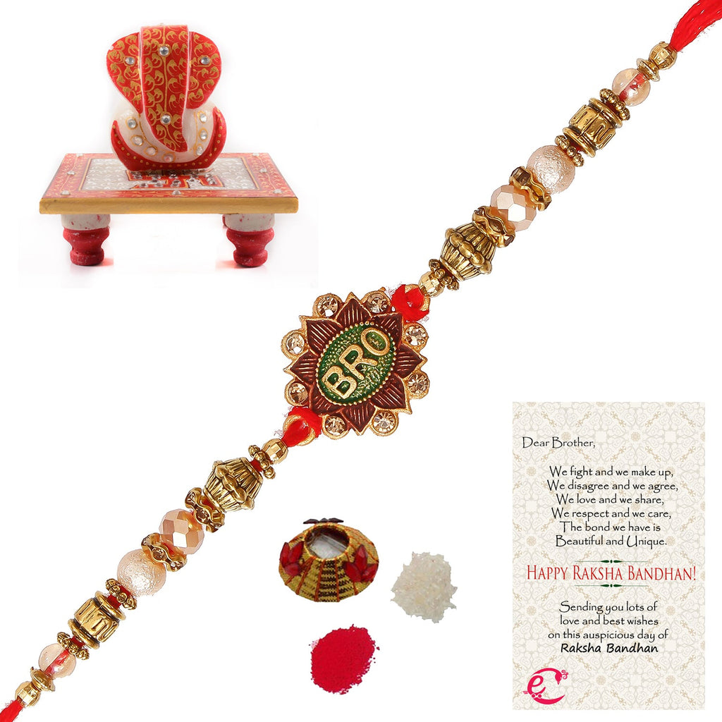Designer Rakhi with Ridhi Sidhi Marble chowki and Roli Tikka Matki, Best Wishes Greeting Card Kafalo