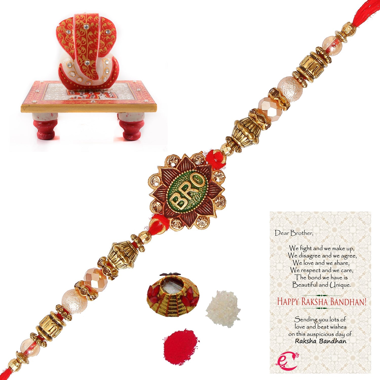 Designer Rakhi with Ridhi Sidhi Marble chowki and Roli Tikka Matki, Best Wishes Greeting Card Kafalo