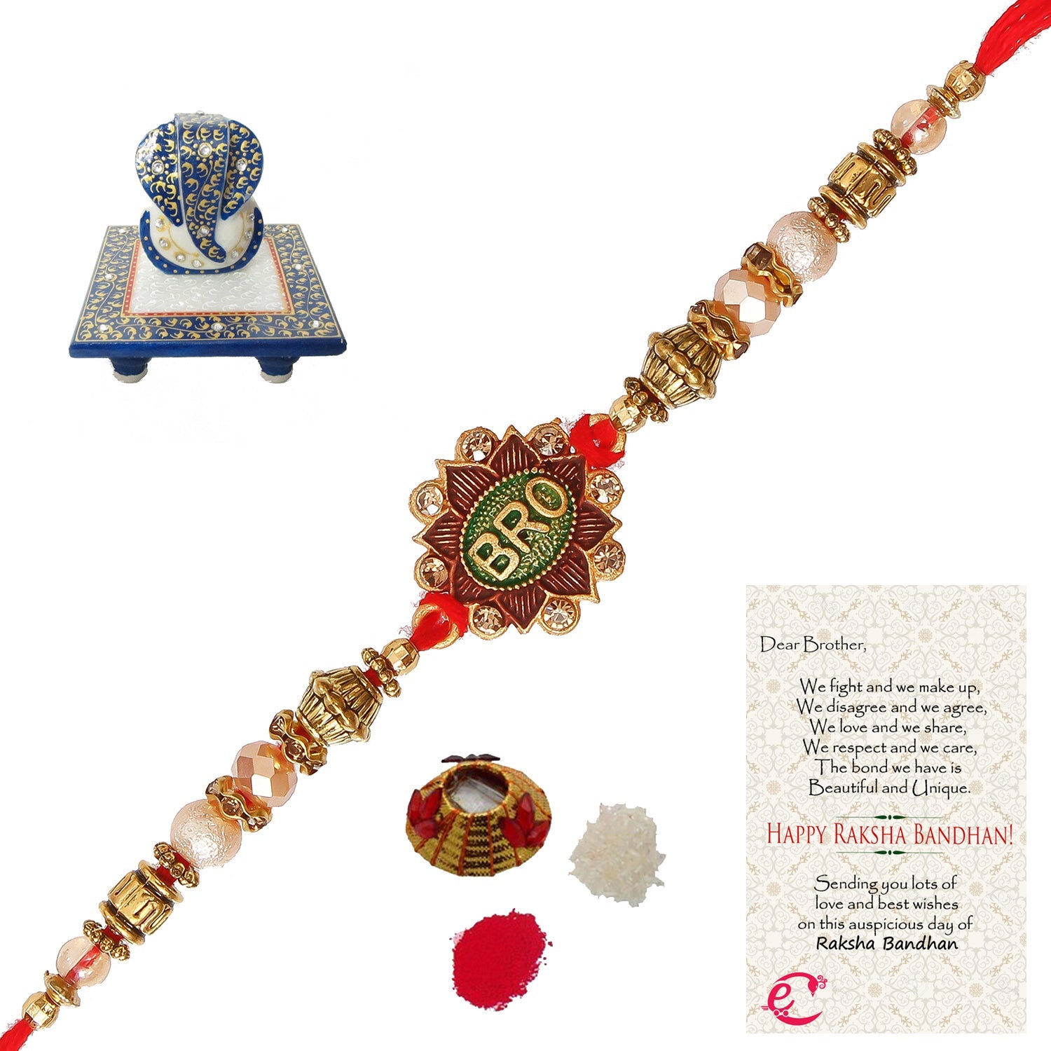 Designer Rakhi with Lord Ganesha Marble Chowki and Roli Tikka Matki, Best Wishes Greeting Card Kafalo