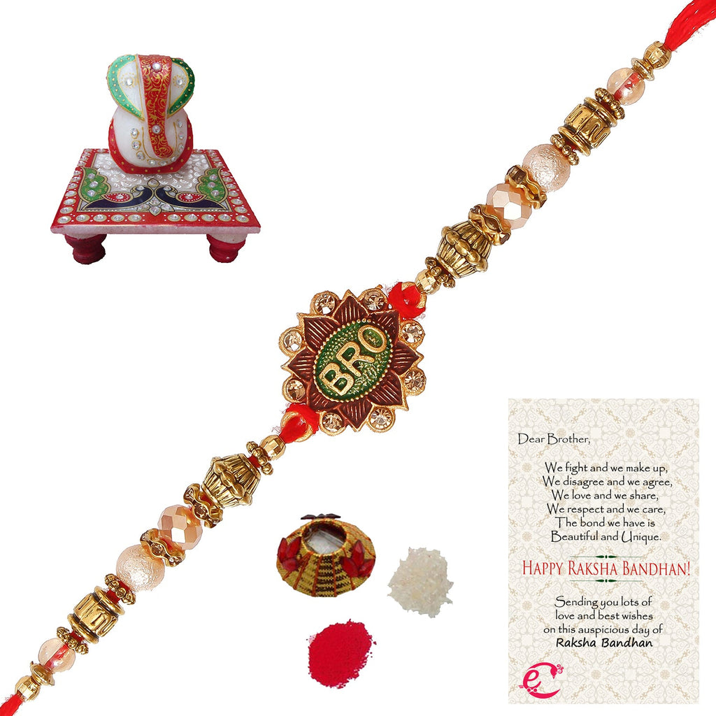 Designer Rakhi with Lord Ganesha Marble Chowki and Roli Tikka Matki, Best Wishes Greeting Card Kafalo