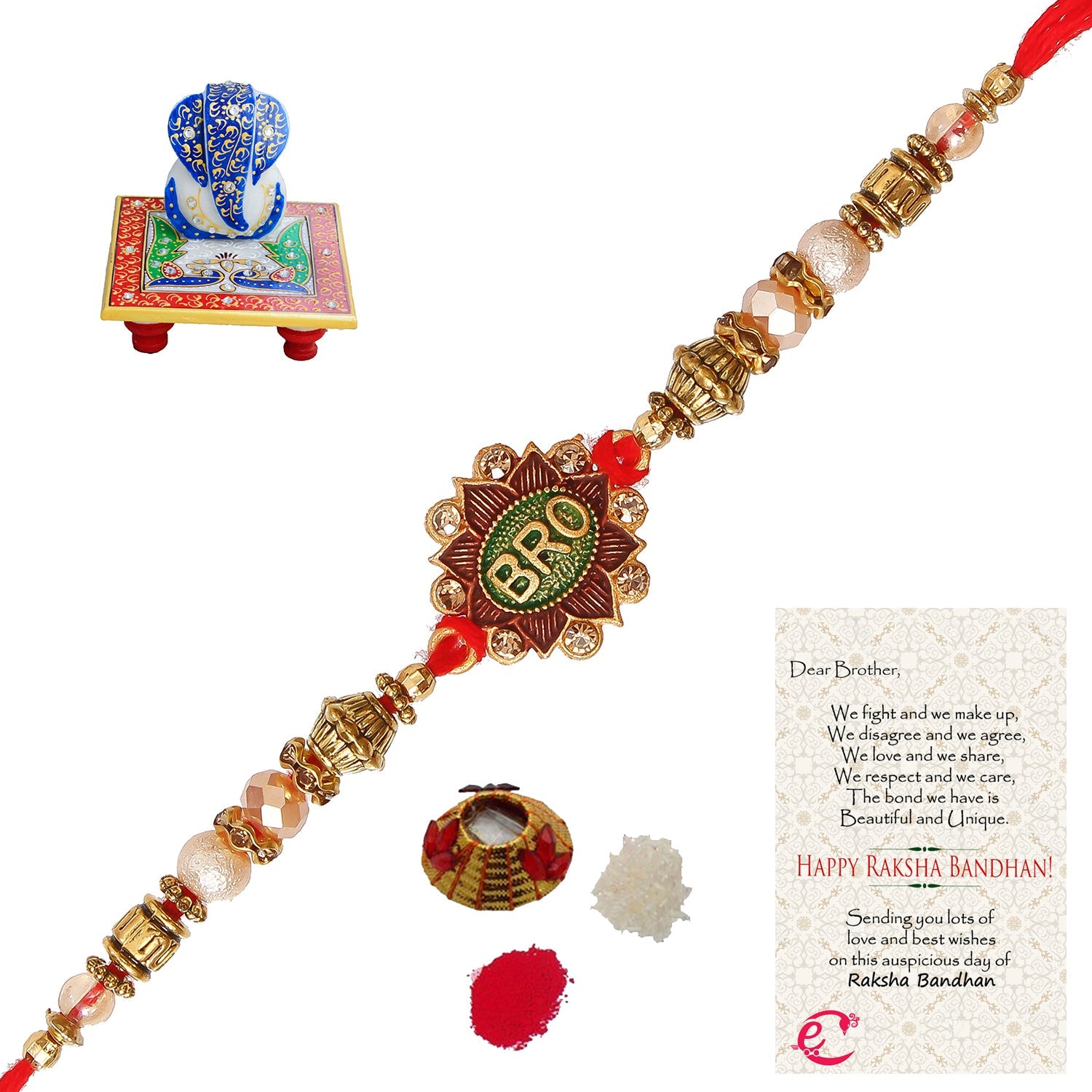 Designer Rakhi with Lord Ganesha on Marble Chowki and Roli Tikka Matki, Best Wishes Greeting Card Kafalo
