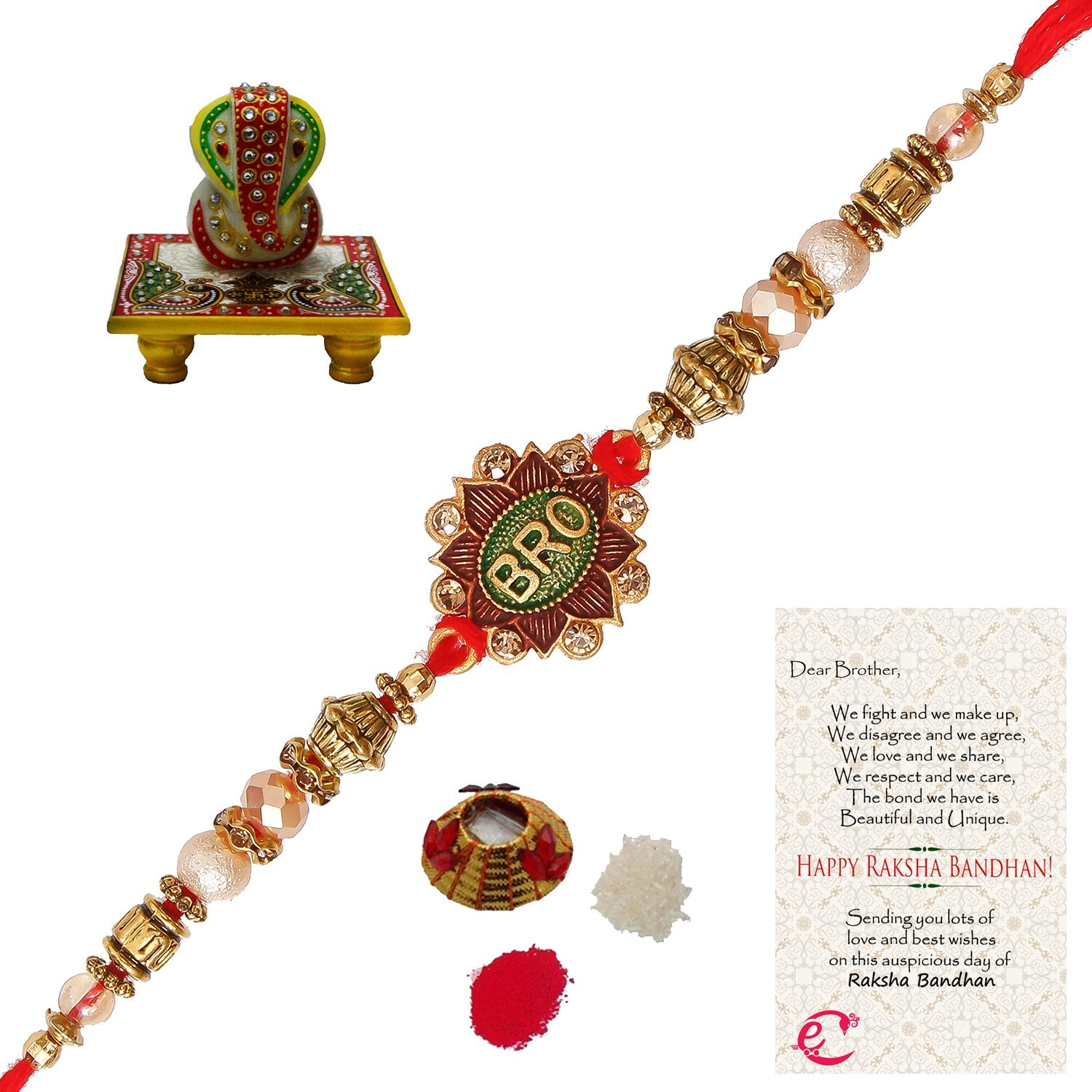 Designer Rakhi with Lord Ganesha on Marble Chowki and Roli Tikka Matki, Best Wishes Greeting Card Kafalo
