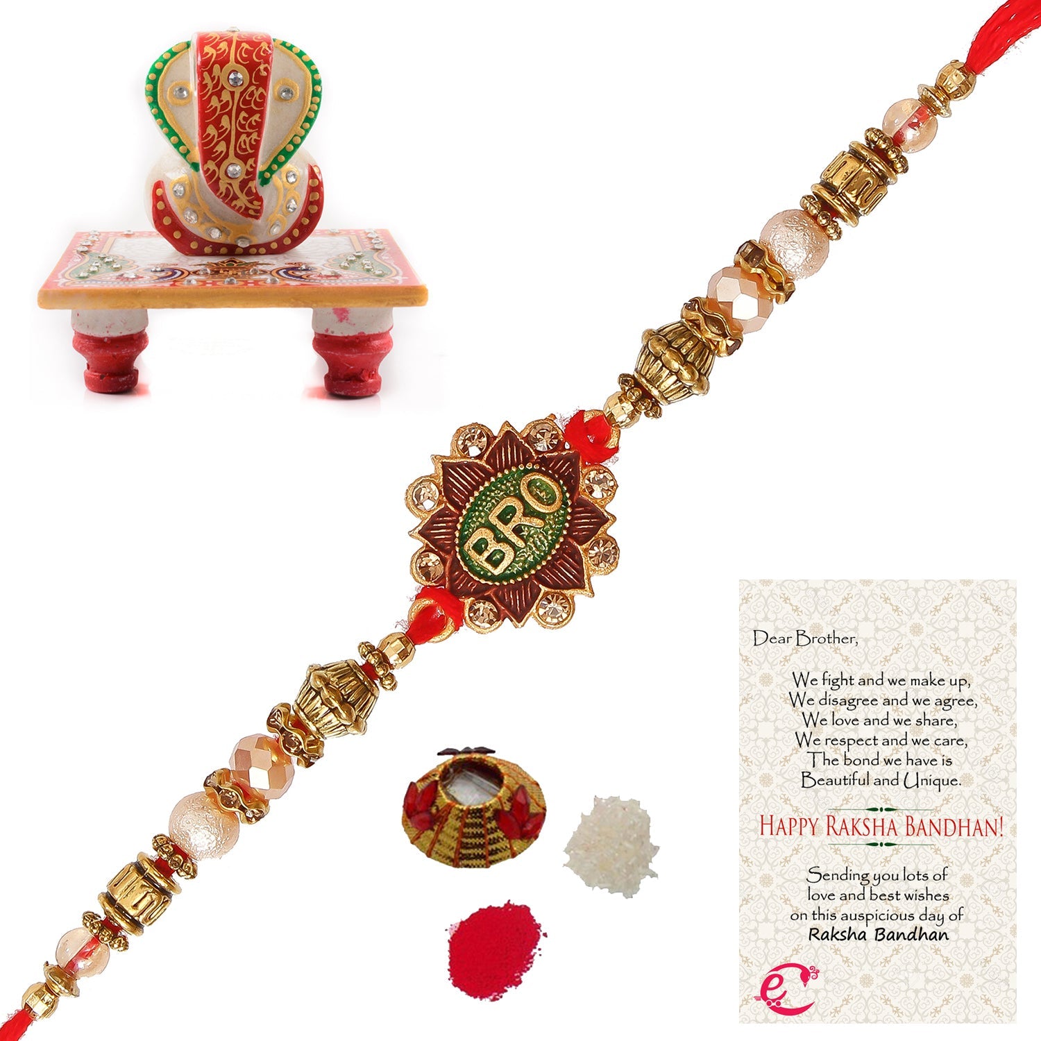 Designer Rakhi with Lord Ganesha Marble Chowki and Roli Tikka Matki, Best Wishes Greeting Card Kafalo
