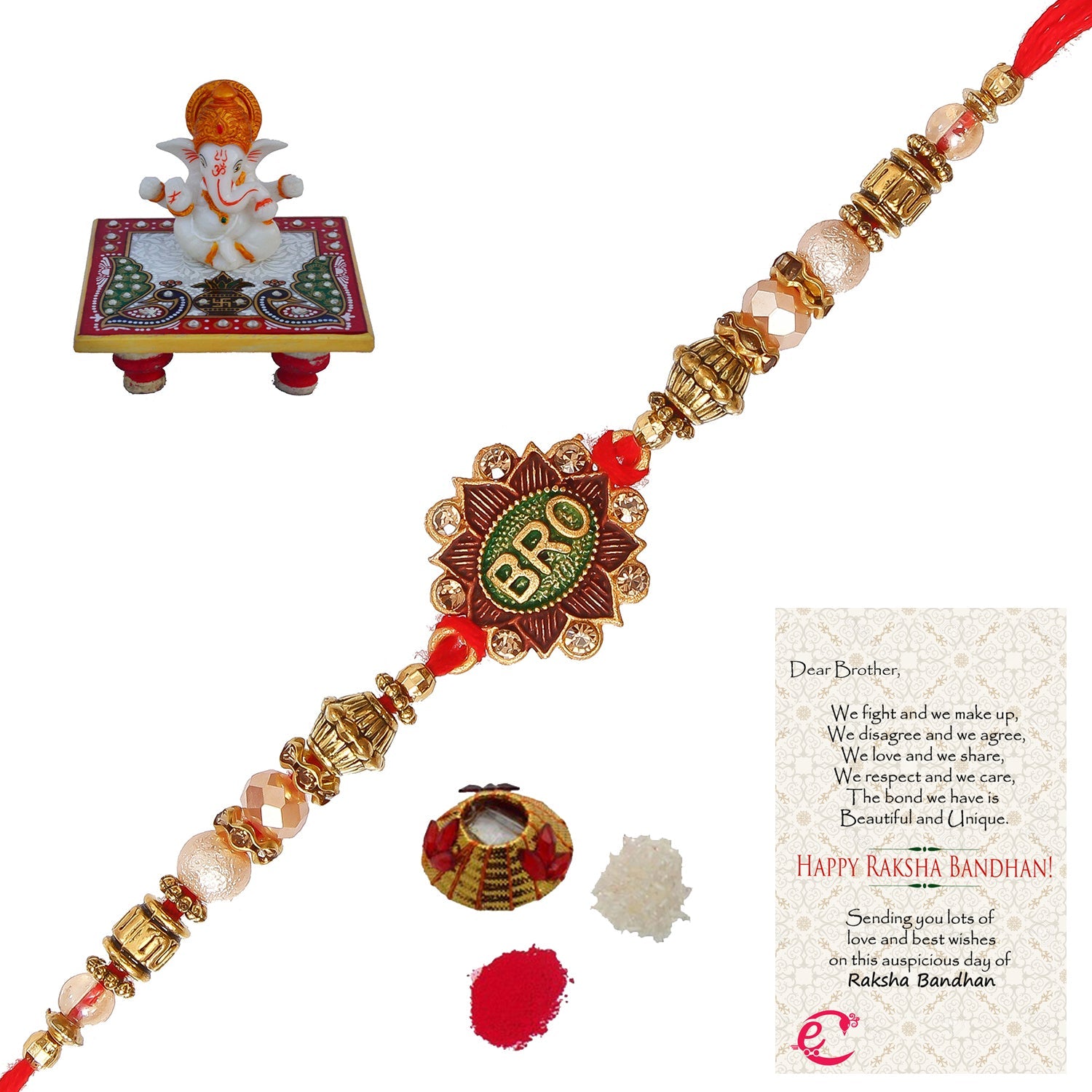 Designer Rakhi with Lord Ganesha Marble Chowki and Roli Tikka Matki, Best Wishes Greeting Card Kafalo
