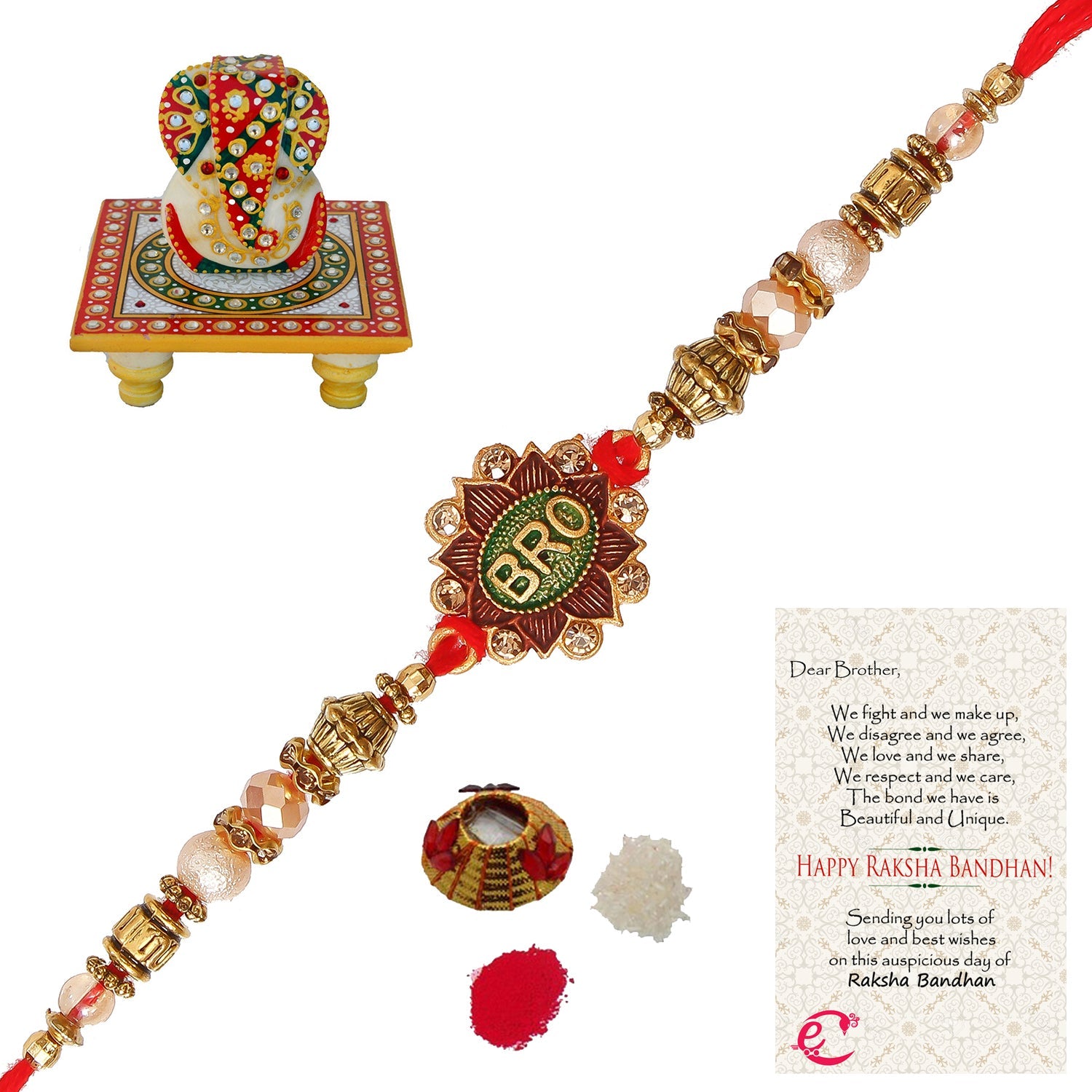 Designer Rakhi with Lord Ganesha on Kundan Studded Marble Chowki and Roli Tikka Matki, Best Wishes Greeting Card Kafalo
