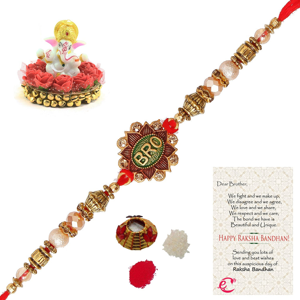 Designer Rakhi with Lord Ganesha Idol on Decorative Plate for Car & Home and Roli Tikka Matki, Best Wishes Greeting Card Kafalo