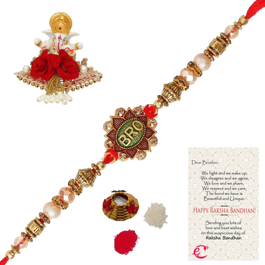 Designer Rakhi with Lord Ganesha Idol on Decorative Plate for Car & Home and Roli Tikka Matki, Best Wishes Greeting Card Kafalo