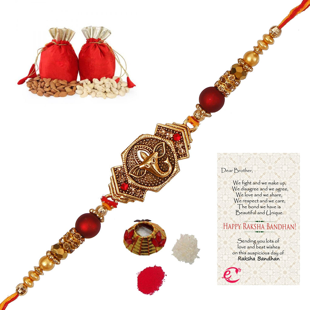 Designer Religious Ganesha Rakhi with Badam and Cashew (200 gm each, total 400 gm) and Roli Tikka Matki, Best Wishes Greeting Card Kafalo
