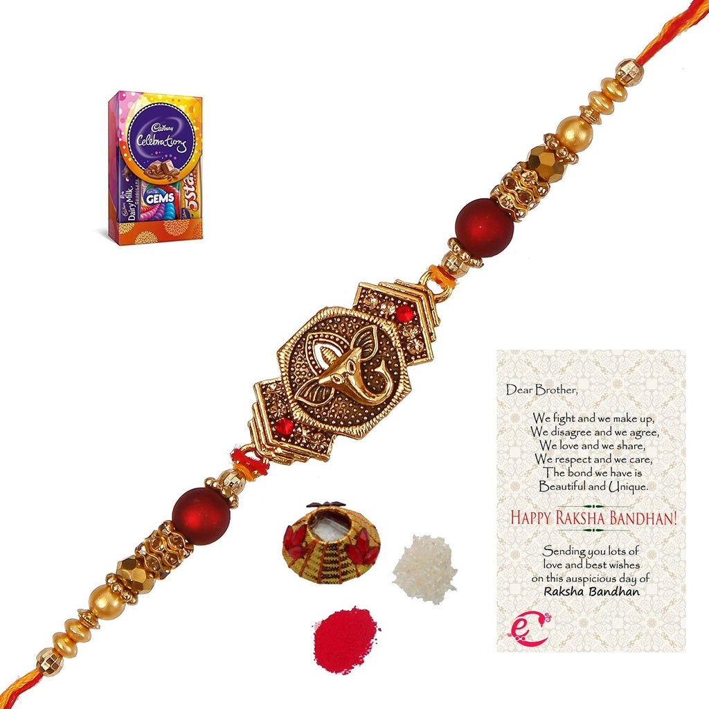 Designer Religious Ganesha Rakhi with Cadbury Celebrations Gift Pack of 5 Assorted Chocolates and Roli Tikka Matki, Best Wishes Greeting Card Kafalo