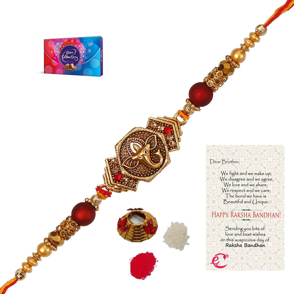 Designer Religious Ganesha Rakhi with Cadbury Celebrations Gift Pack of 7 Assorted Chocolates and Roli Tikka Matki, Best Wishes Greeting Card Kafalo