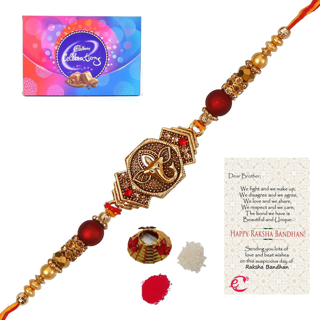 Designer Religious Ganesha Rakhi with Cadbury Celebrations Gift Pack of 11 Assorted Chocolates and Roli Tikka Matki, Best Wishes Greeting Card Kafalo