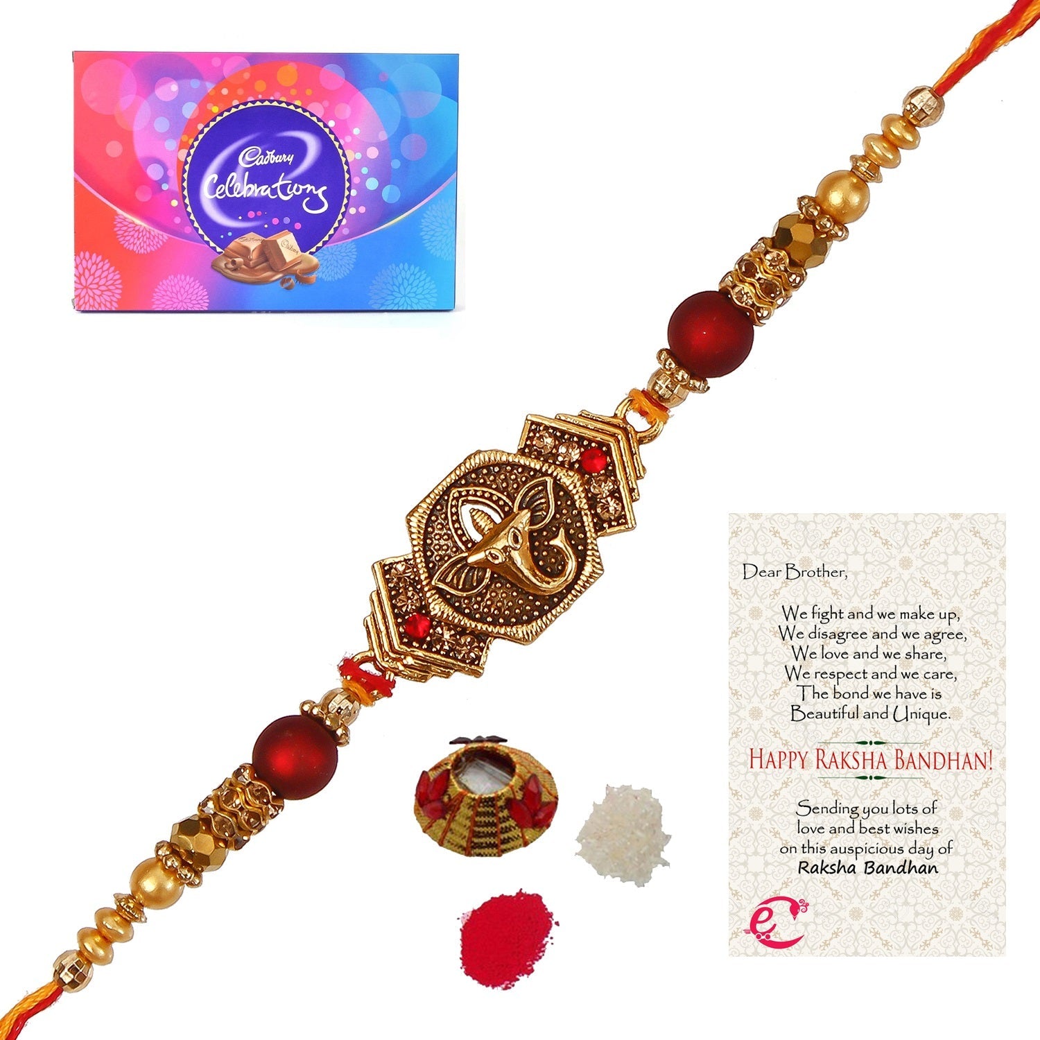 Designer Religious Ganesha Rakhi with Cadbury Celebrations Gift Pack of 11 Assorted Chocolates and Roli Tikka Matki, Best Wishes Greeting Card Kafalo