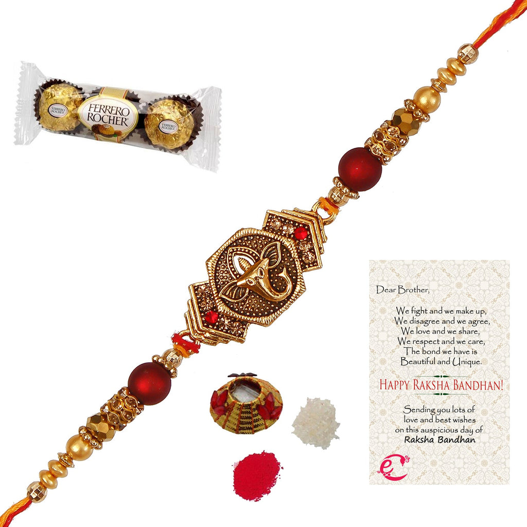 Designer Religious Ganesha Rakhi with Ferrero Rocher (3 pcs) and Roli Tikka Matki, Best Wishes Greeting Card Kafalo