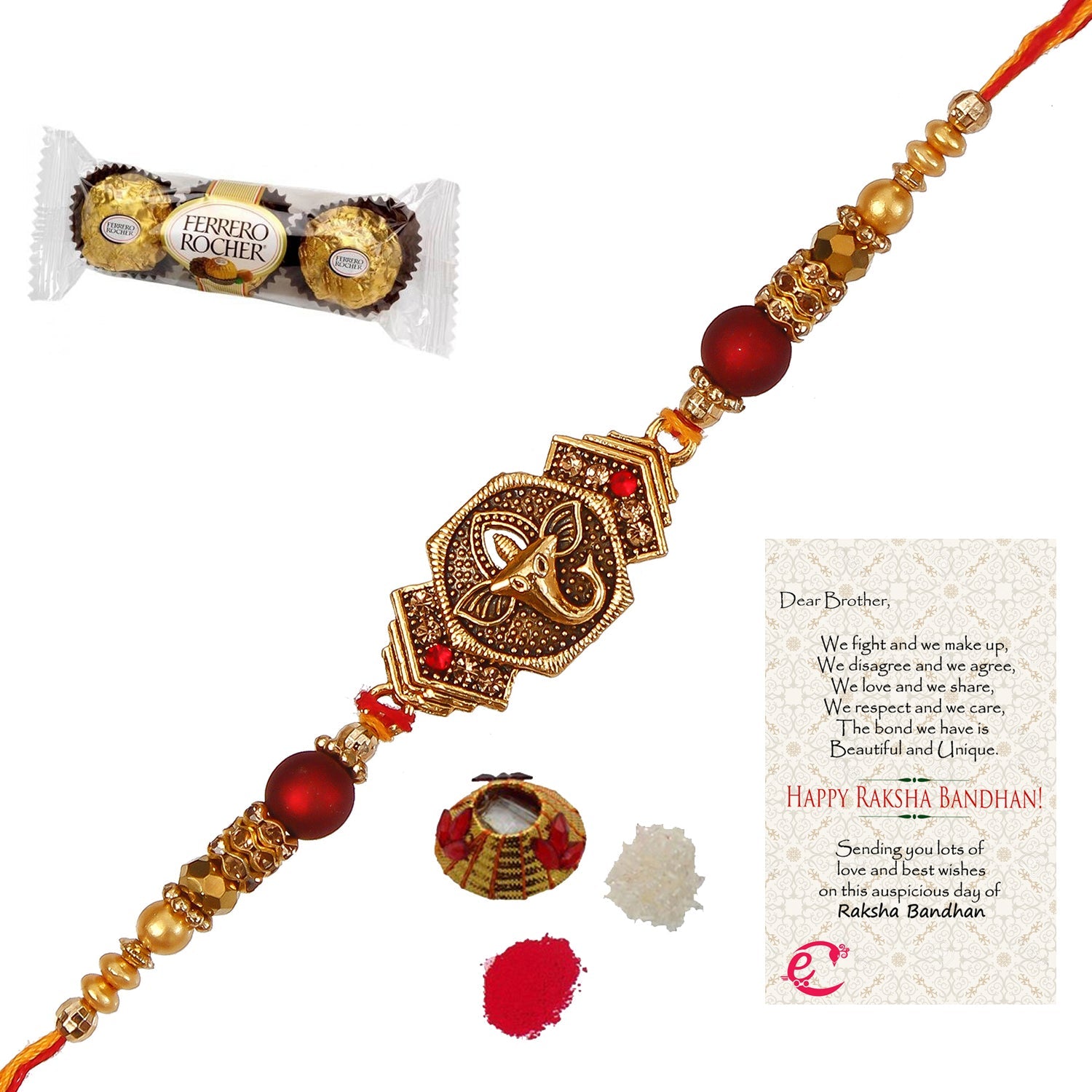 Designer Religious Ganesha Rakhi with Ferrero Rocher (3 pcs) and Roli Tikka Matki, Best Wishes Greeting Card Kafalo