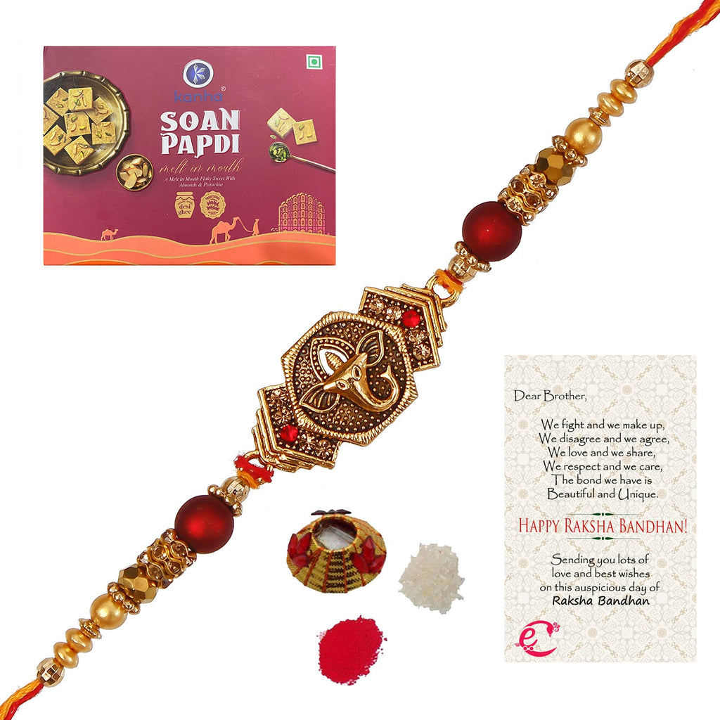 Designer Religious Ganesha Rakhi with Soan Papdi (500 Gm) and Roli Tikka Matki, Best Wishes Greeting Card Kafalo