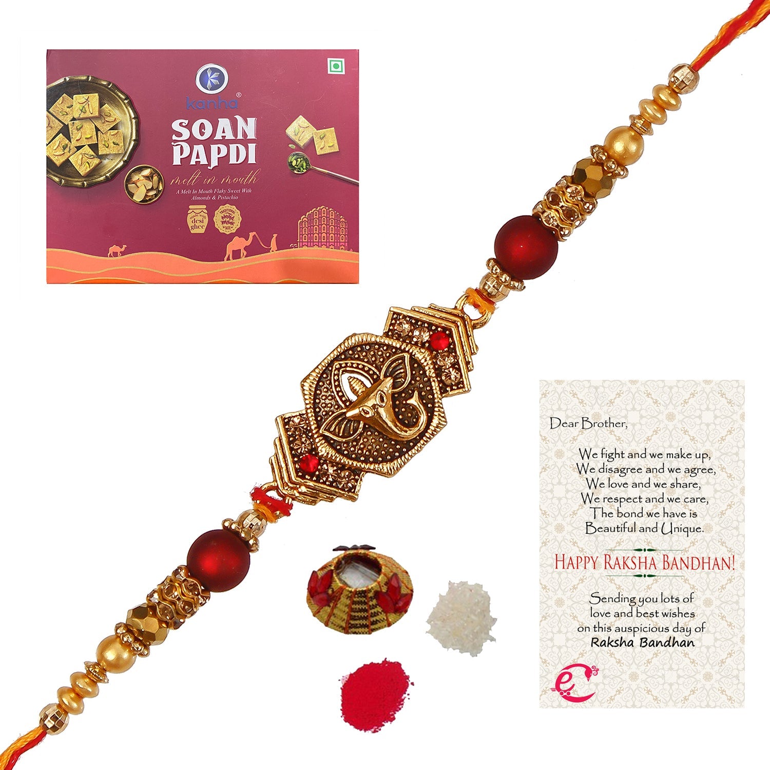 Designer Religious Ganesha Rakhi with Soan Papdi (500 Gm) and Roli Tikka Matki, Best Wishes Greeting Card Kafalo