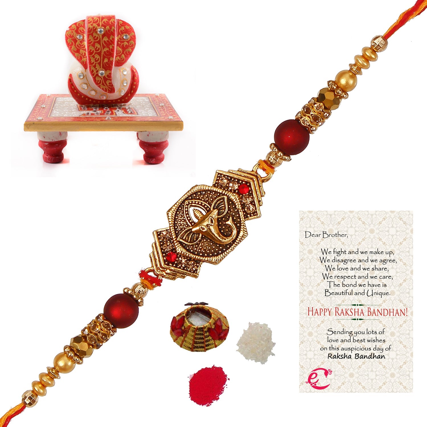 Designer Religious Ganesha Rakhi with Ridhi Sidhi Marble chowki and Roli Tikka Matki, Best Wishes Greeting Card Kafalo