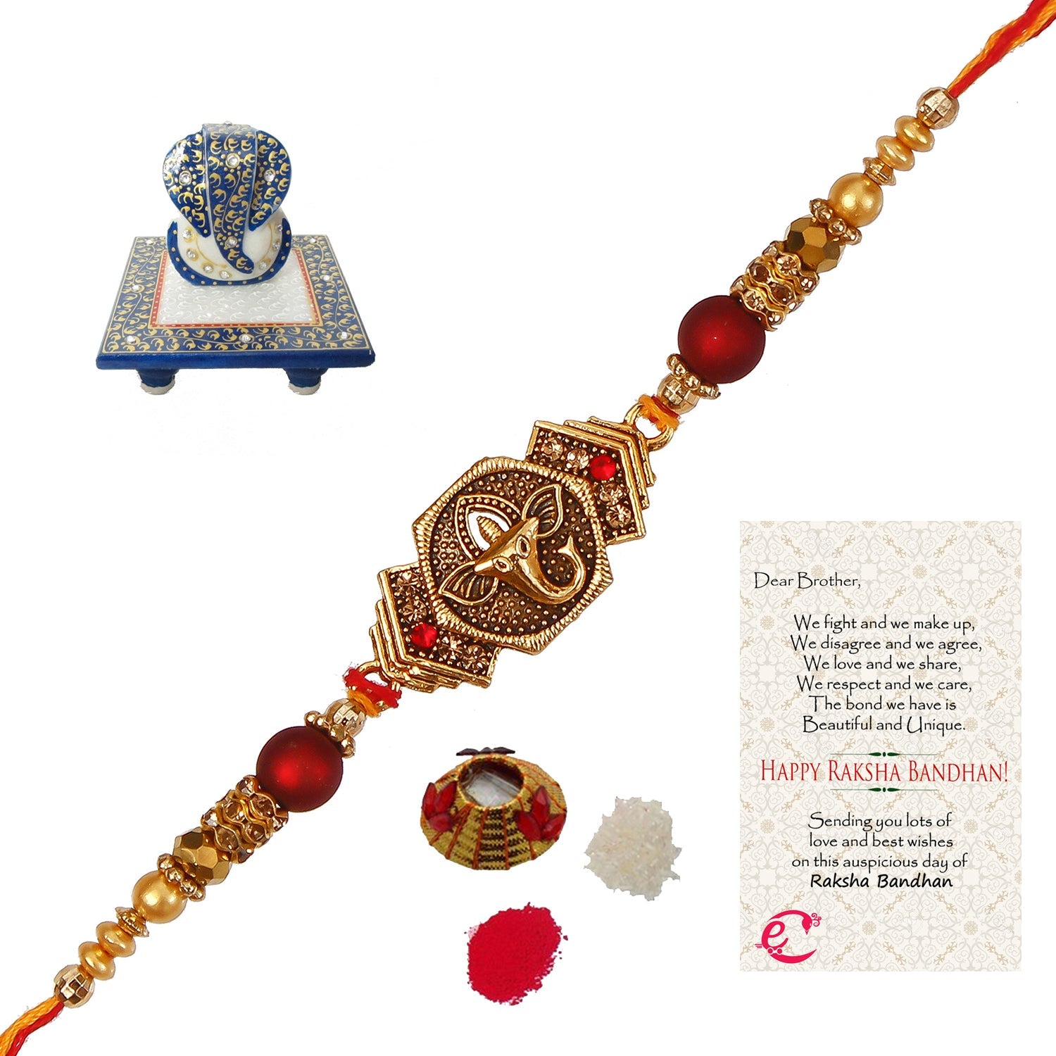 Designer Religious Ganesha Rakhi with Lord Ganesha Marble Chowki and Roli Tikka Matki, Best Wishes Greeting Card Kafalo