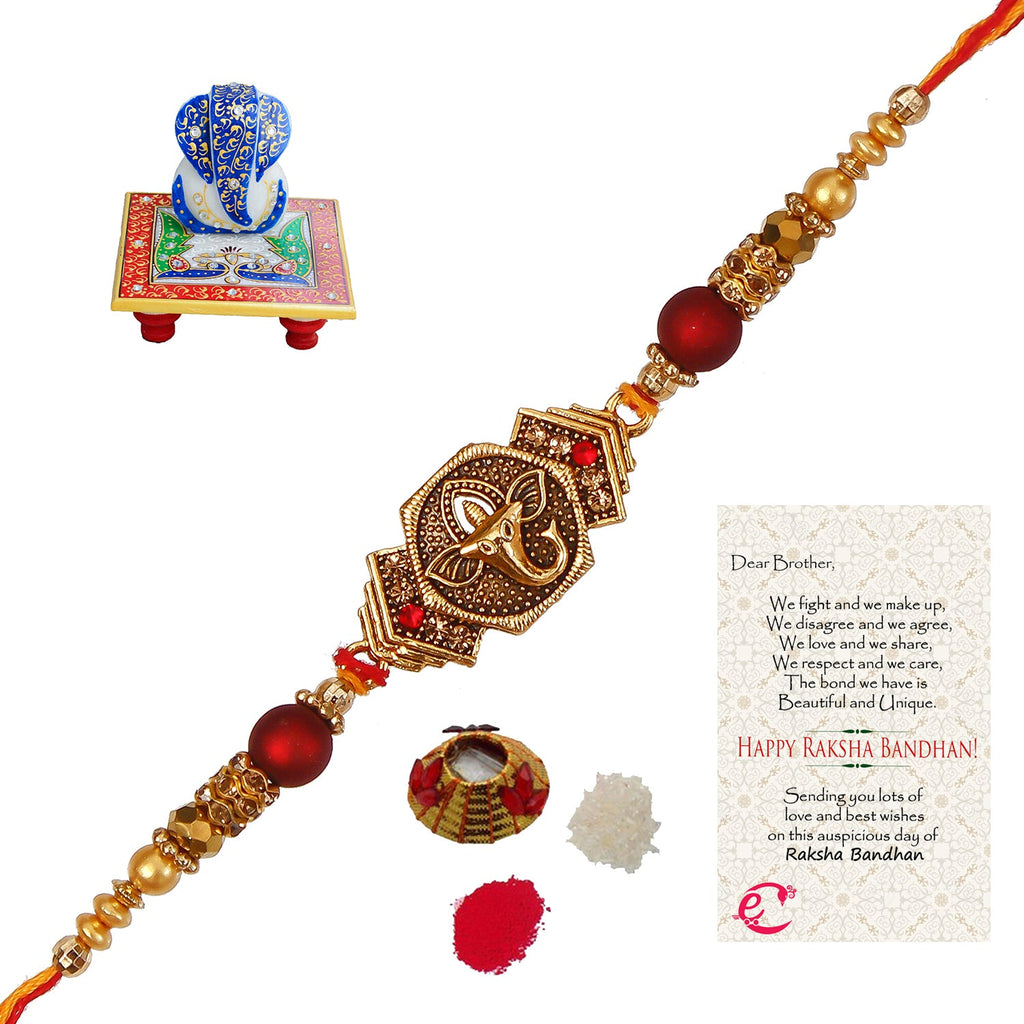 Designer Religious Ganesha Rakhi with Lord Ganesha on Marble Chowki and Roli Tikka Matki, Best Wishes Greeting Card Kafalo