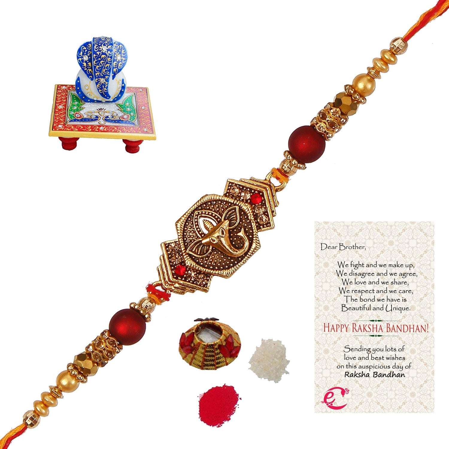 Designer Religious Ganesha Rakhi with Lord Ganesha on Marble Chowki and Roli Tikka Matki, Best Wishes Greeting Card Kafalo