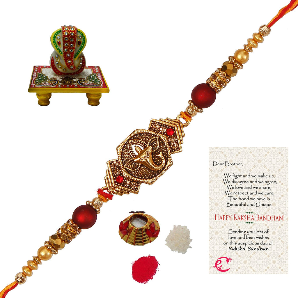 Designer Religious Ganesha Rakhi with Lord Ganesha on Marble Chowki and Roli Tikka Matki, Best Wishes Greeting Card Kafalo