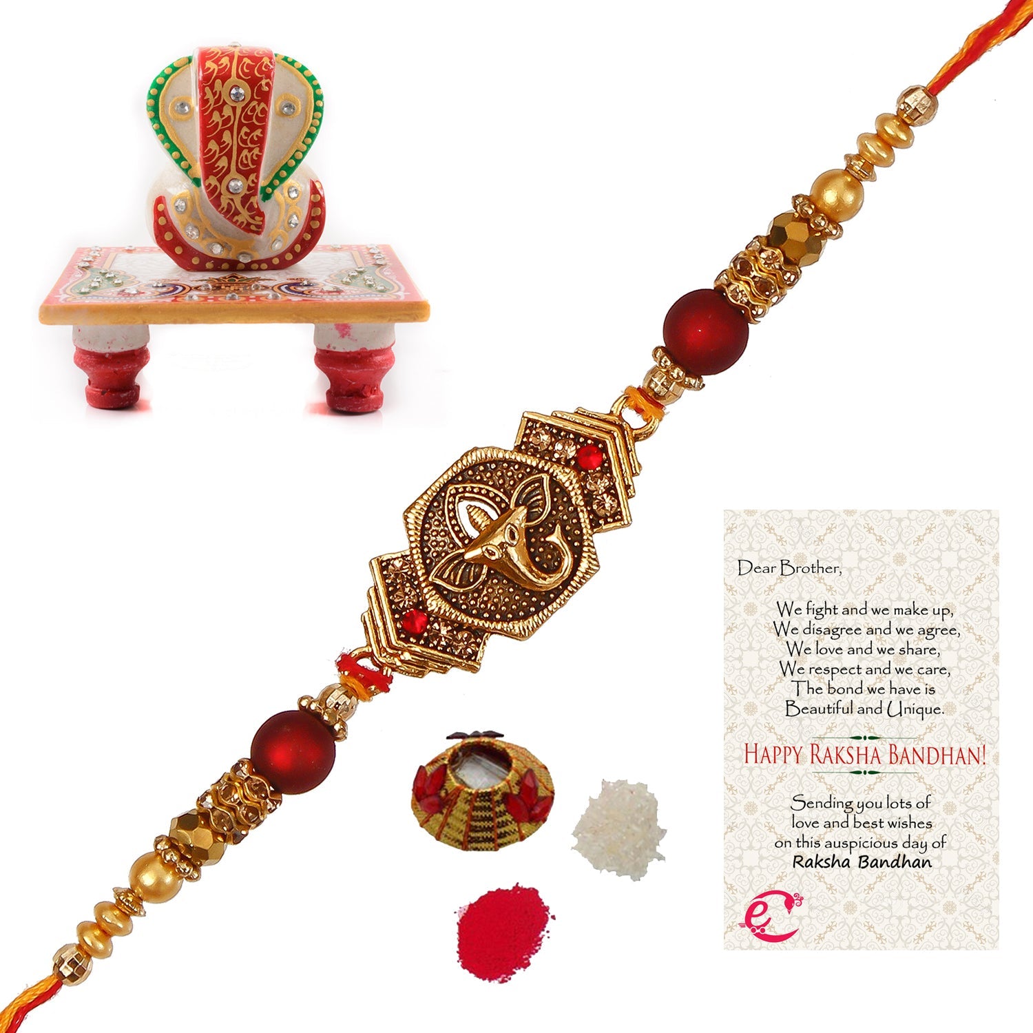 Designer Religious Ganesha Rakhi with Lord Ganesha Marble Chowki and Roli Tikka Matki, Best Wishes Greeting Card Kafalo