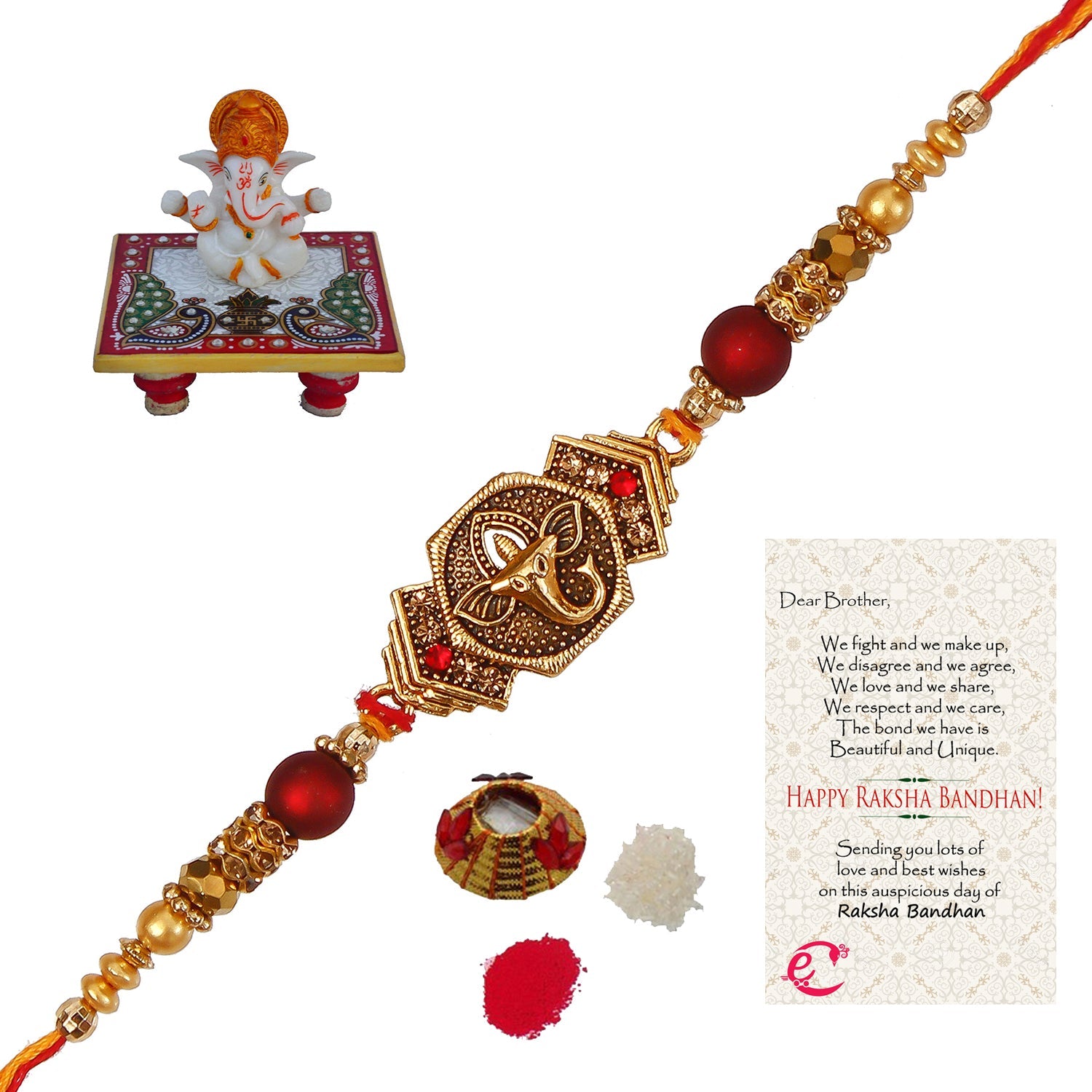 Designer Religious Ganesha Rakhi with Lord Ganesha Marble Chowki and Roli Tikka Matki, Best Wishes Greeting Card Kafalo
