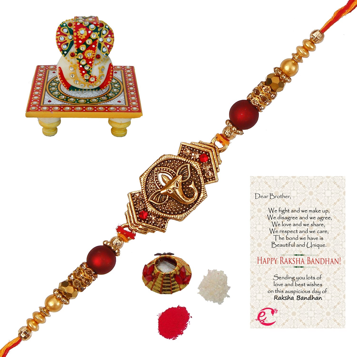 Designer Religious Ganesha Rakhi with Lord Ganesha on Kundan Studded Marble Chowki and Roli Tikka Matki, Best Wishes Greeting Card Kafalo