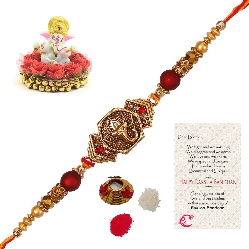 Designer Religious Ganesha Rakhi with Lord Ganesha Idol on Decorative Plate for Car & Home and Roli Tikka Matki, Best Wishes Greeting Card Kafalo