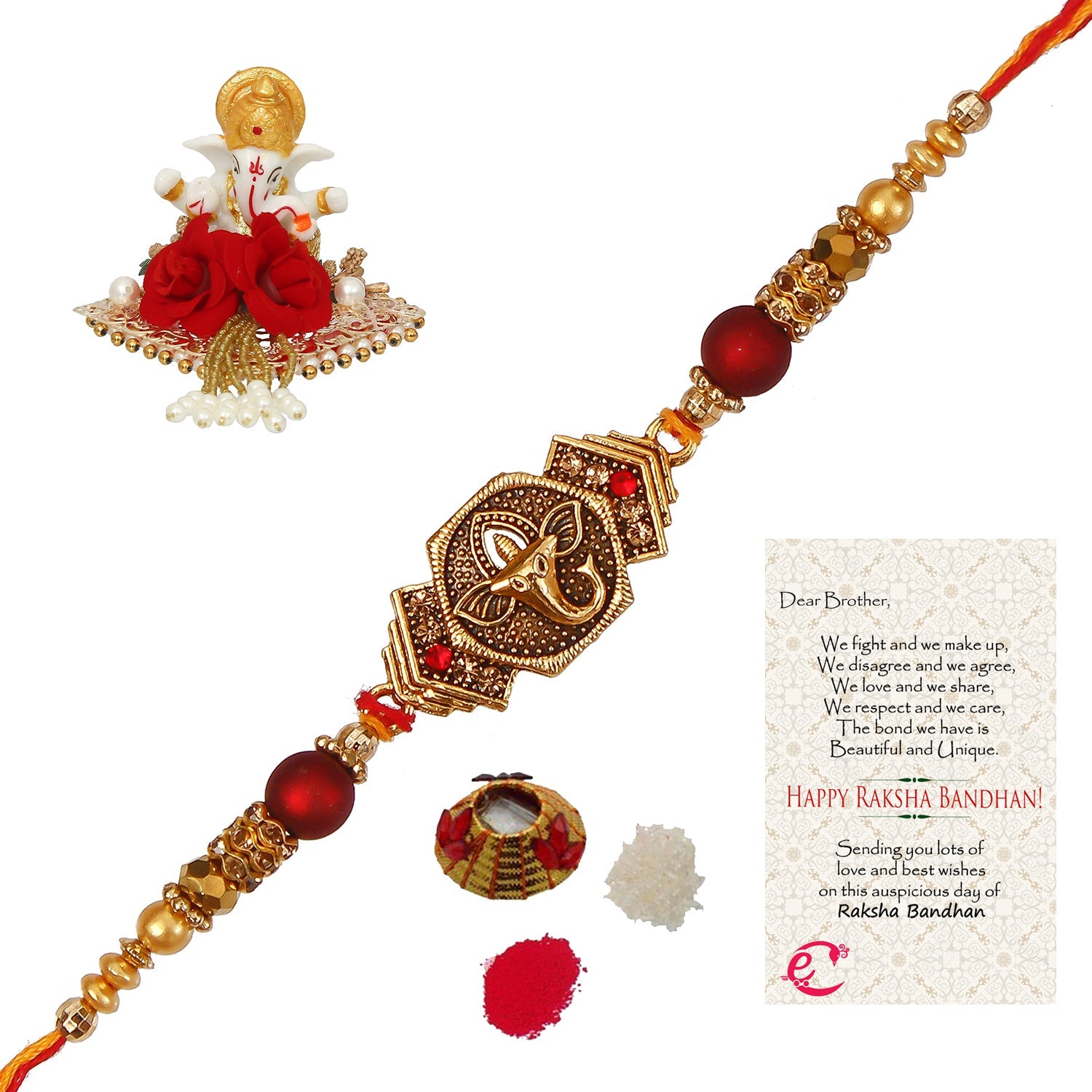 Designer Religious Ganesha Rakhi with Lord Ganesha Idol on Decorative Plate for Car & Home and Roli Tikka Matki, Best Wishes Greeting Card Kafalo