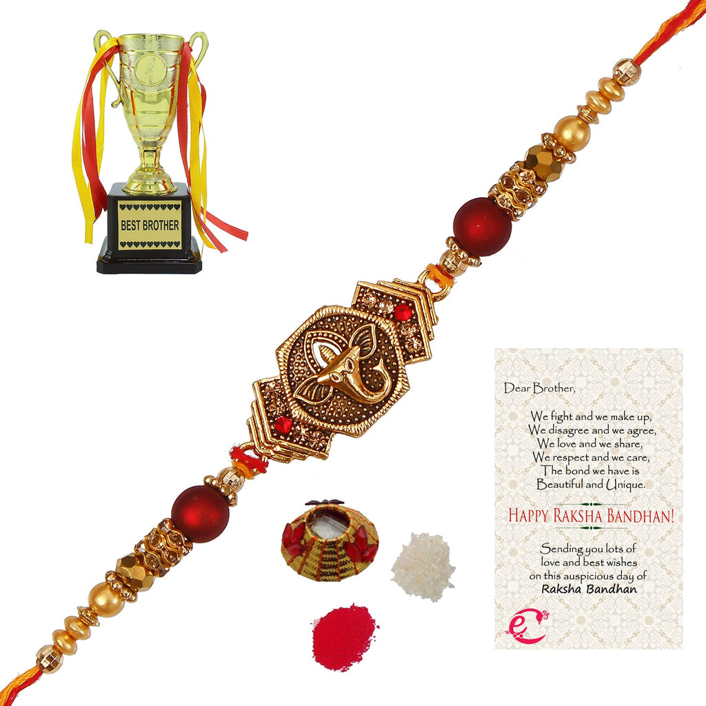 Designer Religious Ganesha Rakhi with Best Brother Trophy and Roli Tikka Matki, Best Wishes Greeting Card Kafalo