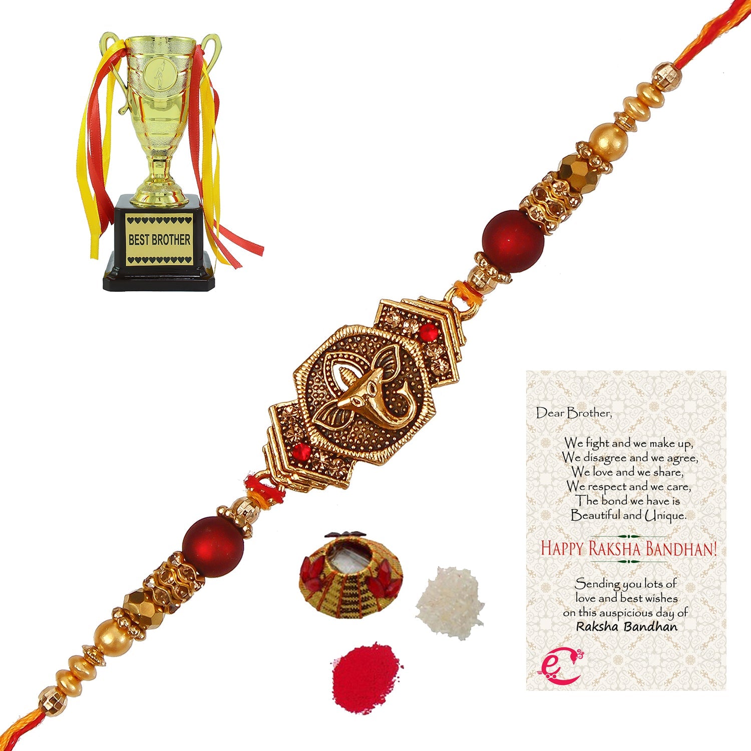Designer Religious Ganesha Rakhi with Best Brother Trophy and Roli Tikka Matki, Best Wishes Greeting Card Kafalo