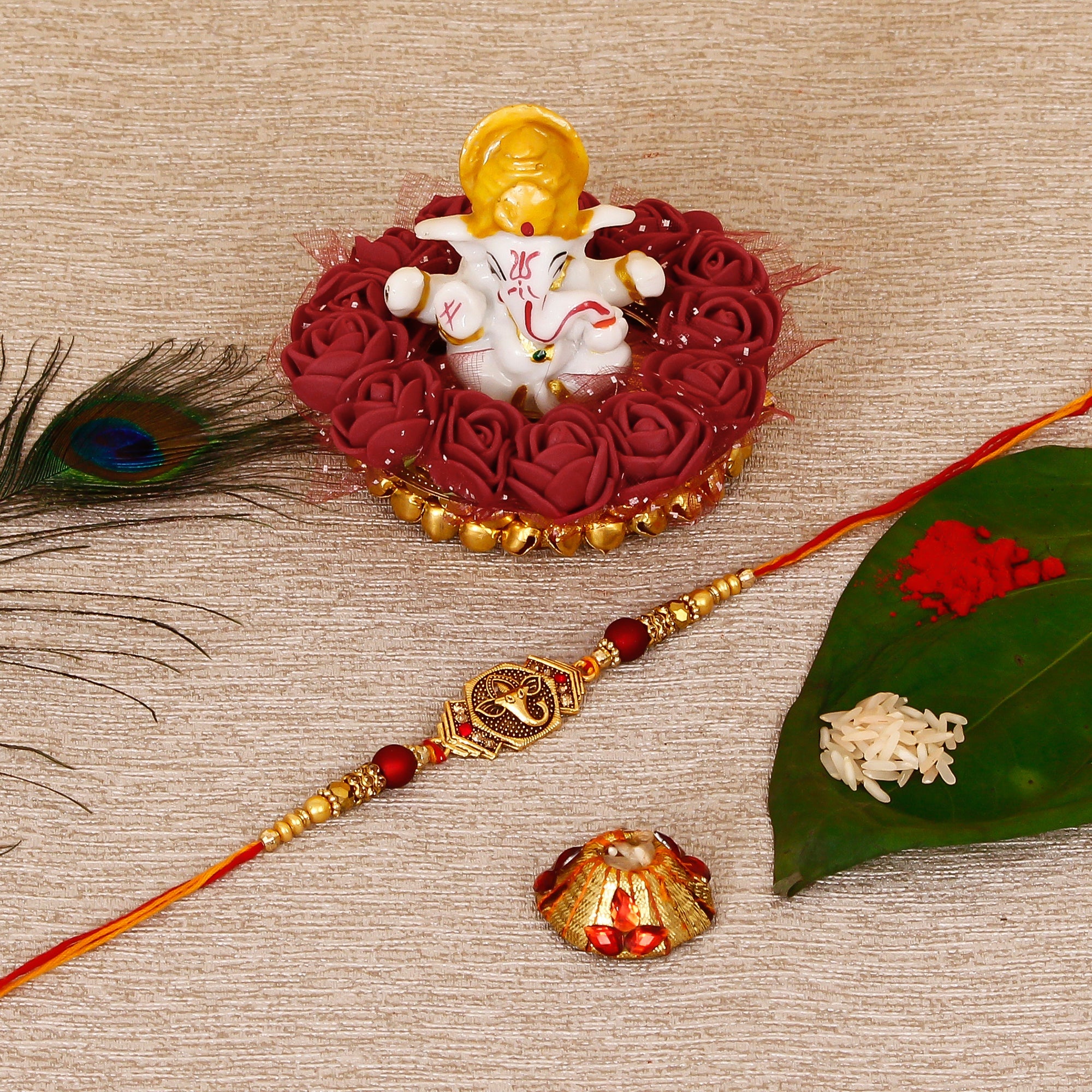 Designer Religious Ganesha Rakhi with Lord Ganesha Idol on Decorative Plate for Car & Home and Roli Tikka Matki Kafalo
