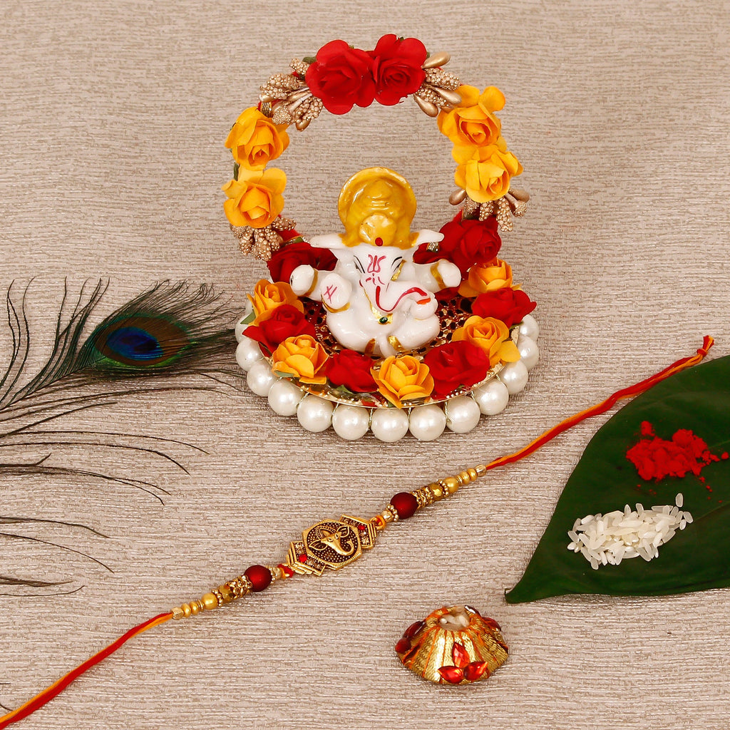 Designer Religious Ganesha Rakhi with Lord Ganesha Idol on Decorative Plate for Car & Home and Roli Tikka Matki Kafalo