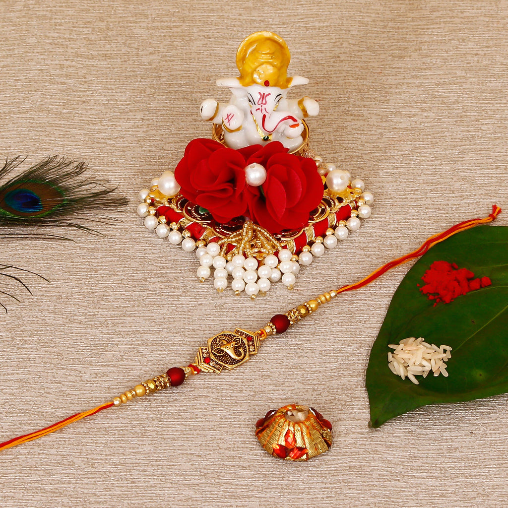 Designer Religious Ganesha Rakhi with Lord Ganesha Idol on Decorative Plate for Car & Home and Roli Tikka Matki Kafalo