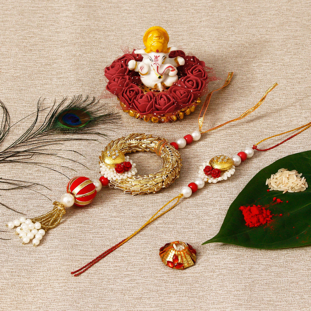 Designer Bhaiya Bhabhi Rakhi with Lord Ganesha Idol on Decorative Plate for Car & Home and Roli Tikka Matki Kafalo