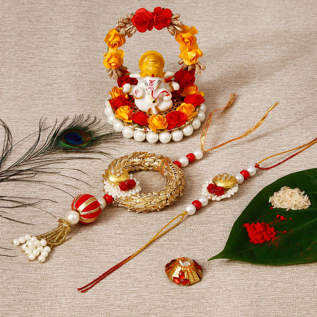 Designer Bhaiya Bhabhi Rakhi with Lord Ganesha Idol on Decorative Plate for Car & Home and Roli Tikka Matki Kafalo