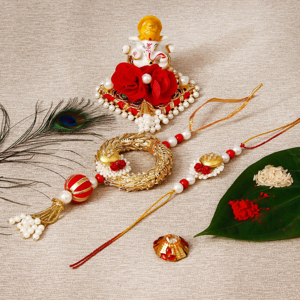 Designer Bhaiya Bhabhi Rakhi with Lord Ganesha Idol on Decorative Plate for Car & Home and Roli Tikka Matki Kafalo