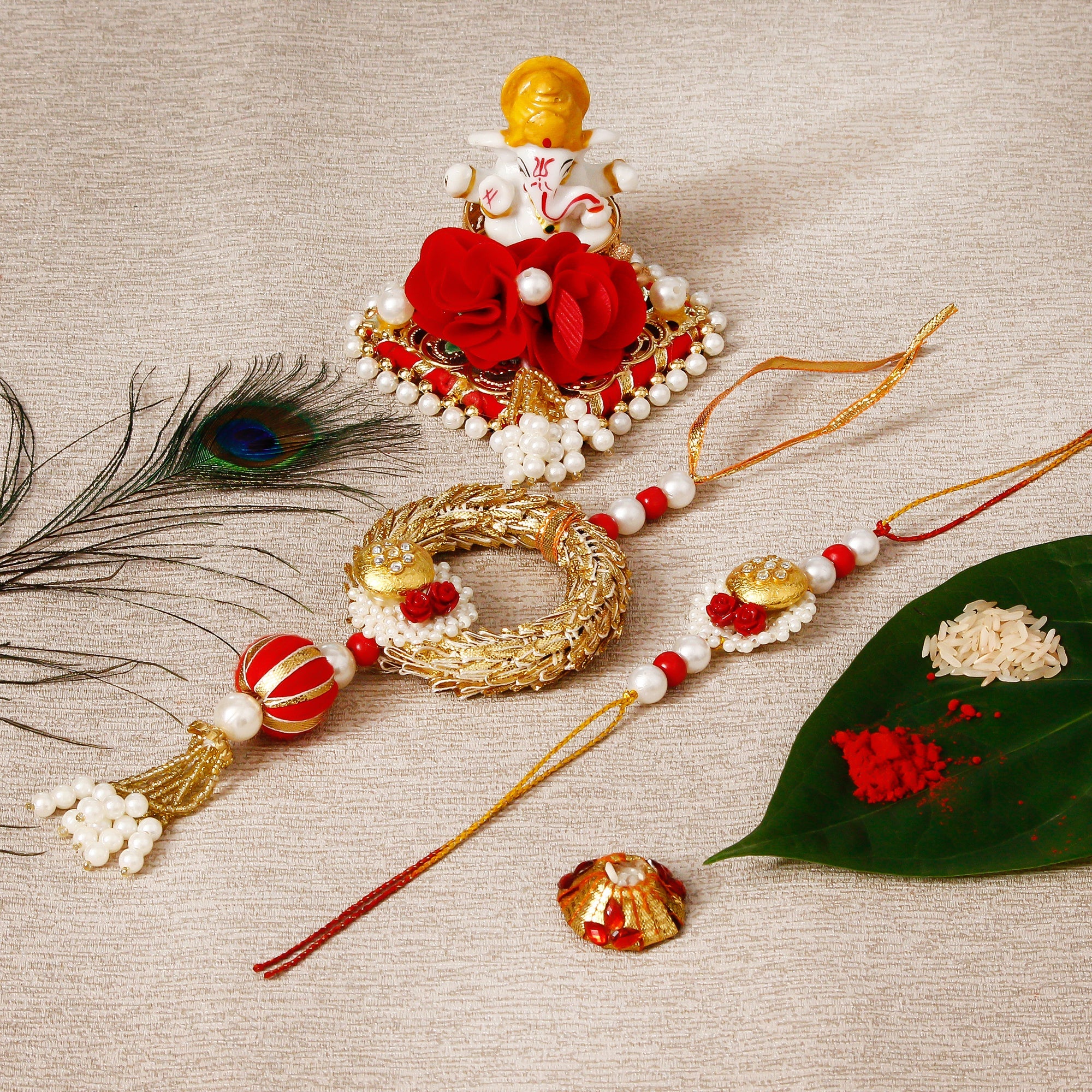 Designer Bhaiya Bhabhi Rakhi with Lord Ganesha Idol on Decorative Plate for Car & Home and Roli Tikka Matki Kafalo
