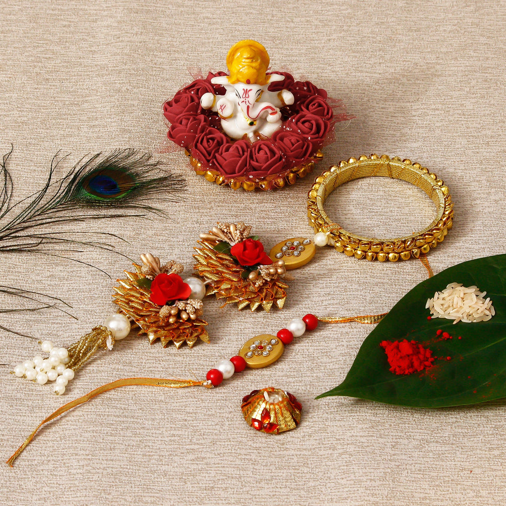 Designer Bhaiya Bhabhi Rakhi with Lord Ganesha Idol on Decorative Plate for Car & Home and Roli Tikka Matki Kafalo
