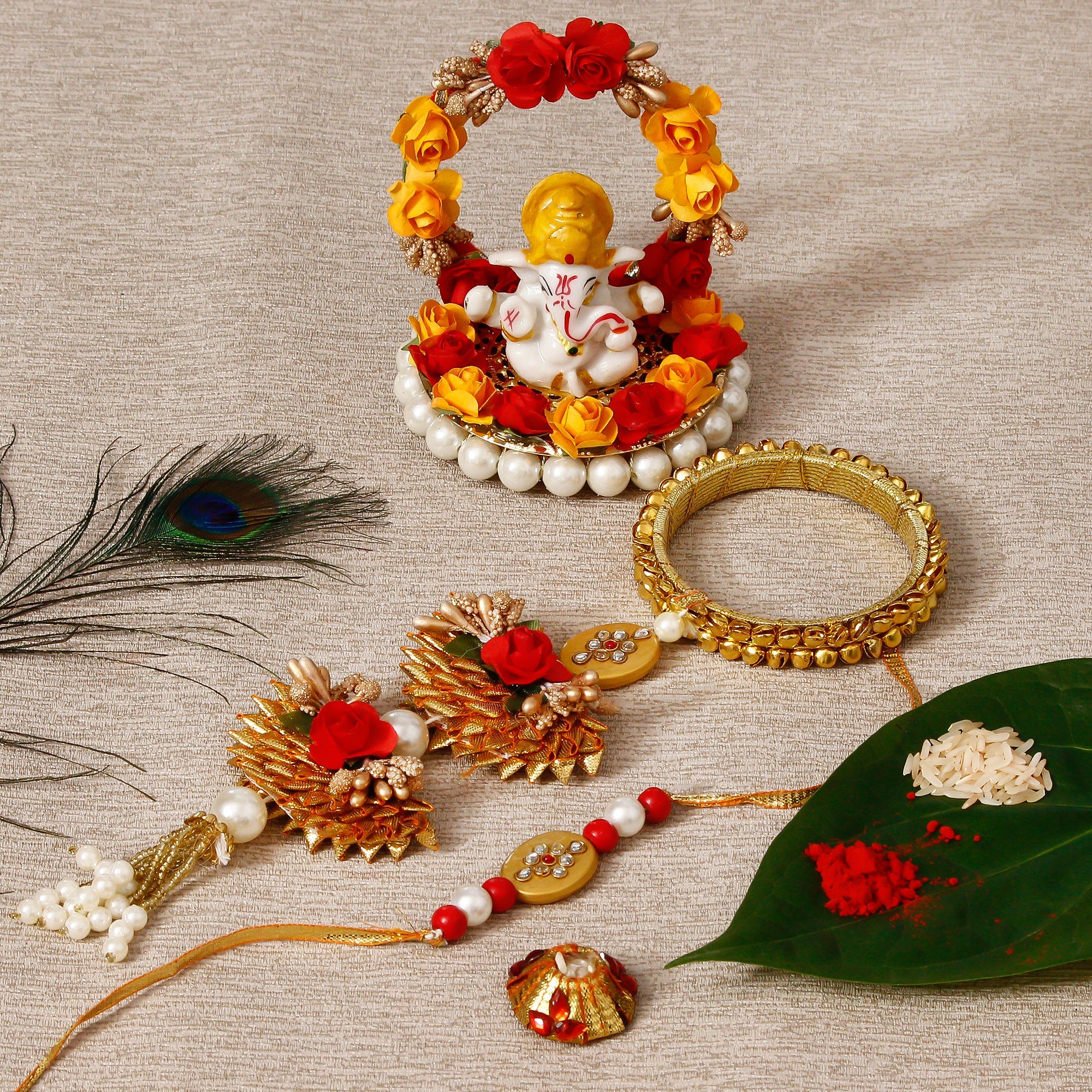 Designer Bhaiya Bhabhi Rakhi with Lord Ganesha Idol on Decorative Plate for Car & Home and Roli Tikka Matki Kafalo