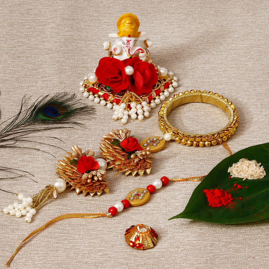Designer Bhaiya Bhabhi Rakhi with Lord Ganesha Idol on Decorative Plate for Car & Home and Roli Tikka Matki Kafalo