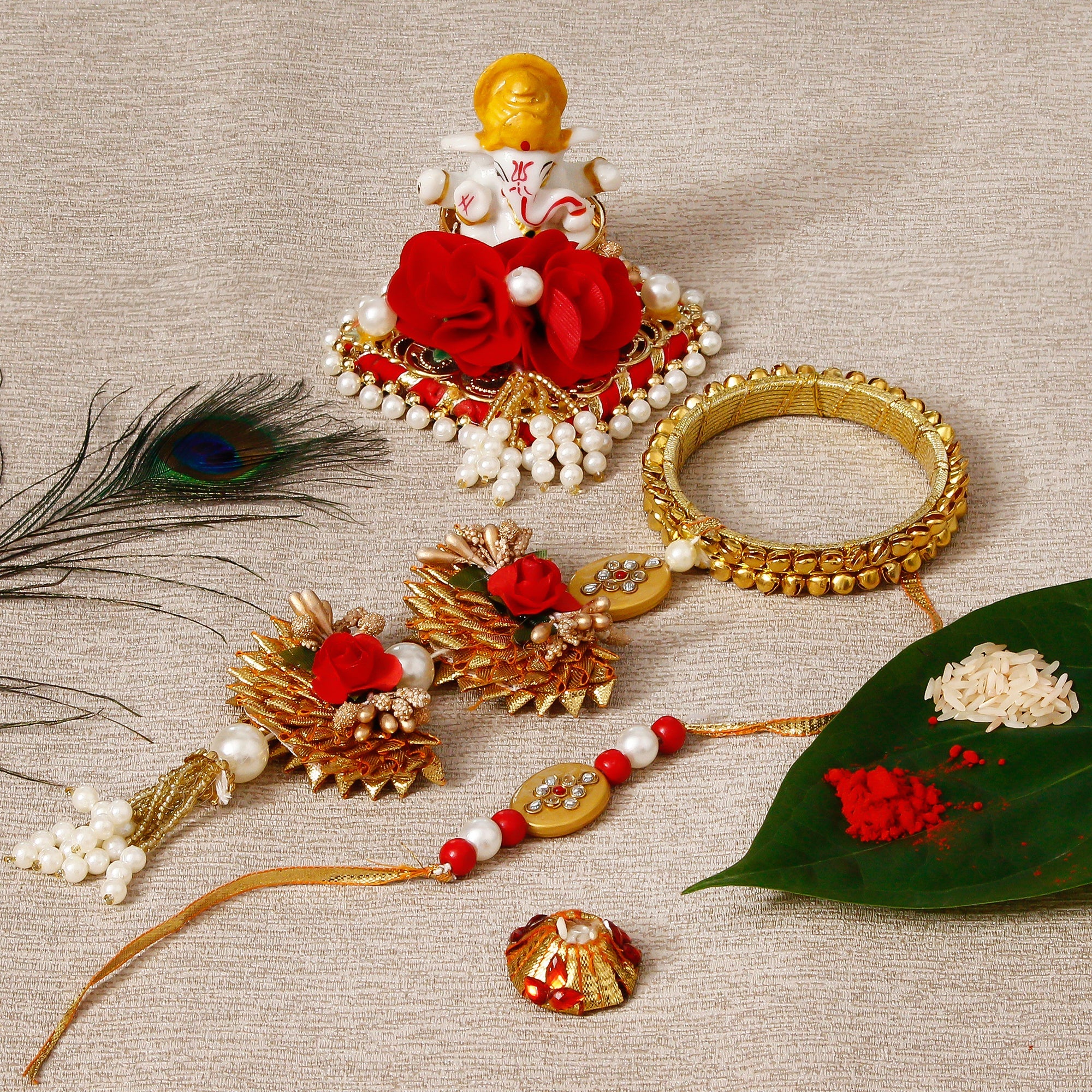 Designer Bhaiya Bhabhi Rakhi with Lord Ganesha Idol on Decorative Plate for Car & Home and Roli Tikka Matki Kafalo