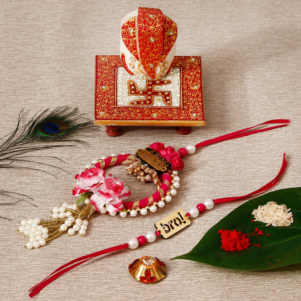 Designe Bhaiya Bhabhi Rakhi with Ridhi Sidhi Marble chowki and Roli Tikka Matki Kafalo