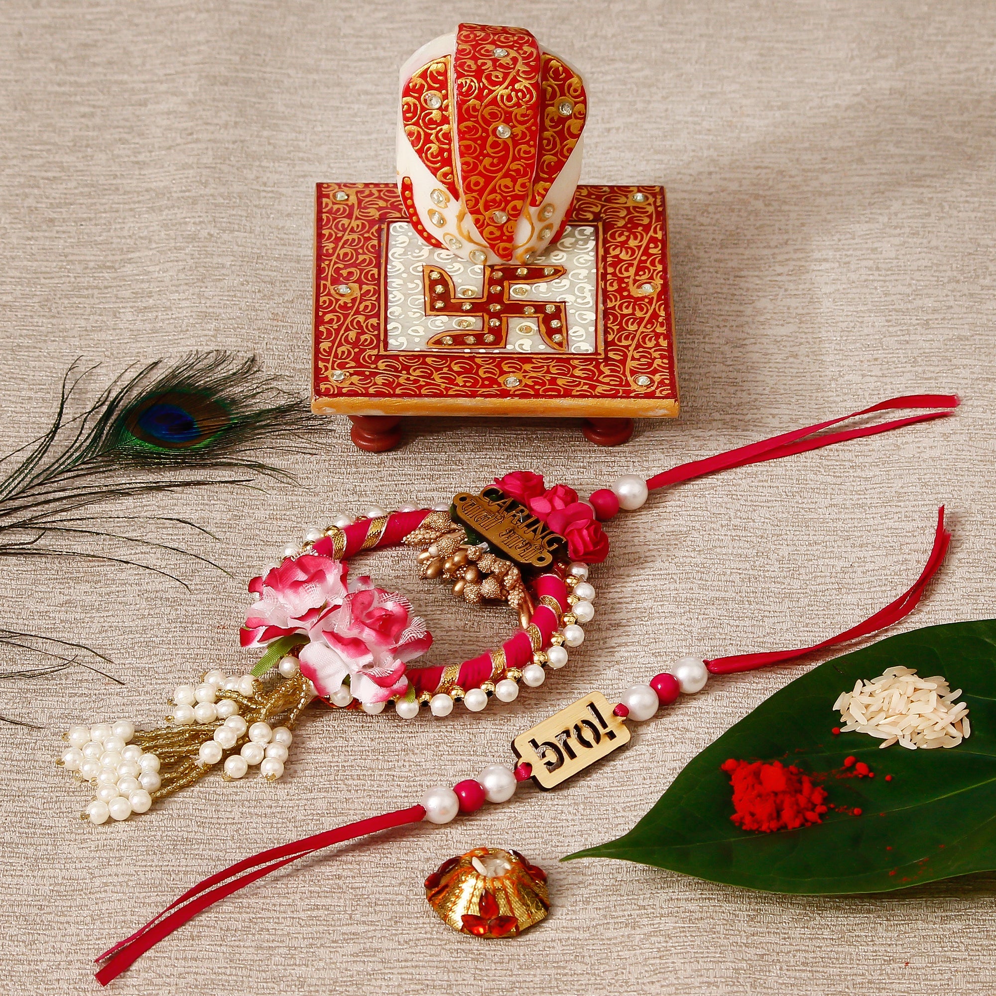 Designe Bhaiya Bhabhi Rakhi with Ridhi Sidhi Marble chowki and Roli Tikka Matki Kafalo