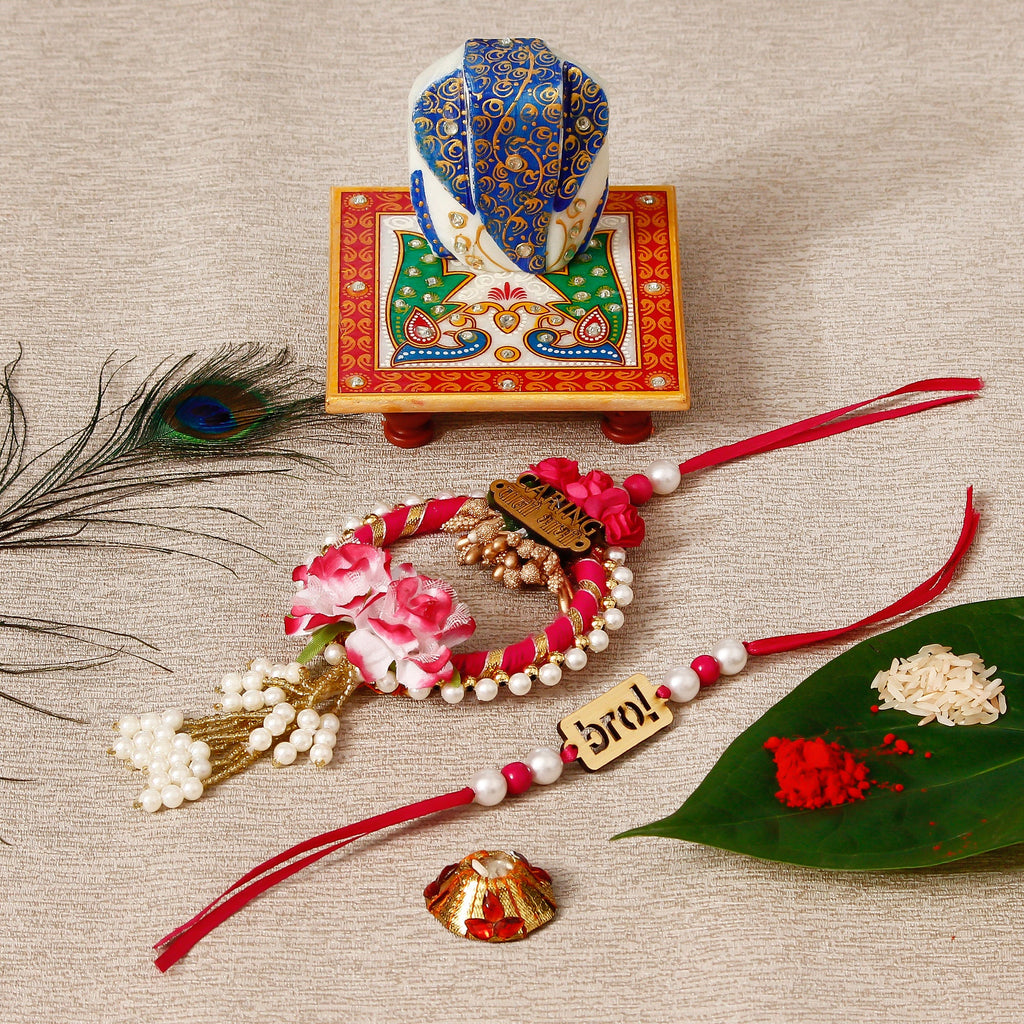 Designe Bhaiya Bhabhi Rakhi with Lord Ganesha on Marble Chowki and Roli Tikka Matki Kafalo