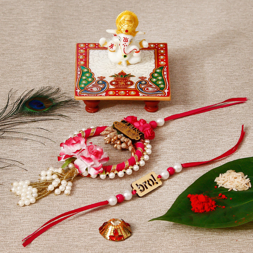 Designe Bhaiya Bhabhi Rakhi with Lord Ganesha Marble Chowki and Roli Tikka Matki Kafalo