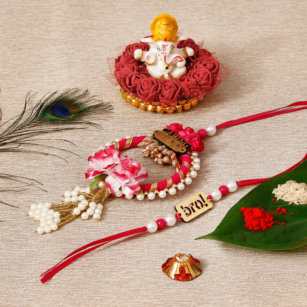 Designe Bhaiya Bhabhi Rakhi with Lord Ganesha Idol on Decorative Plate for Car & Home and Roli Tikka Matki Kafalo