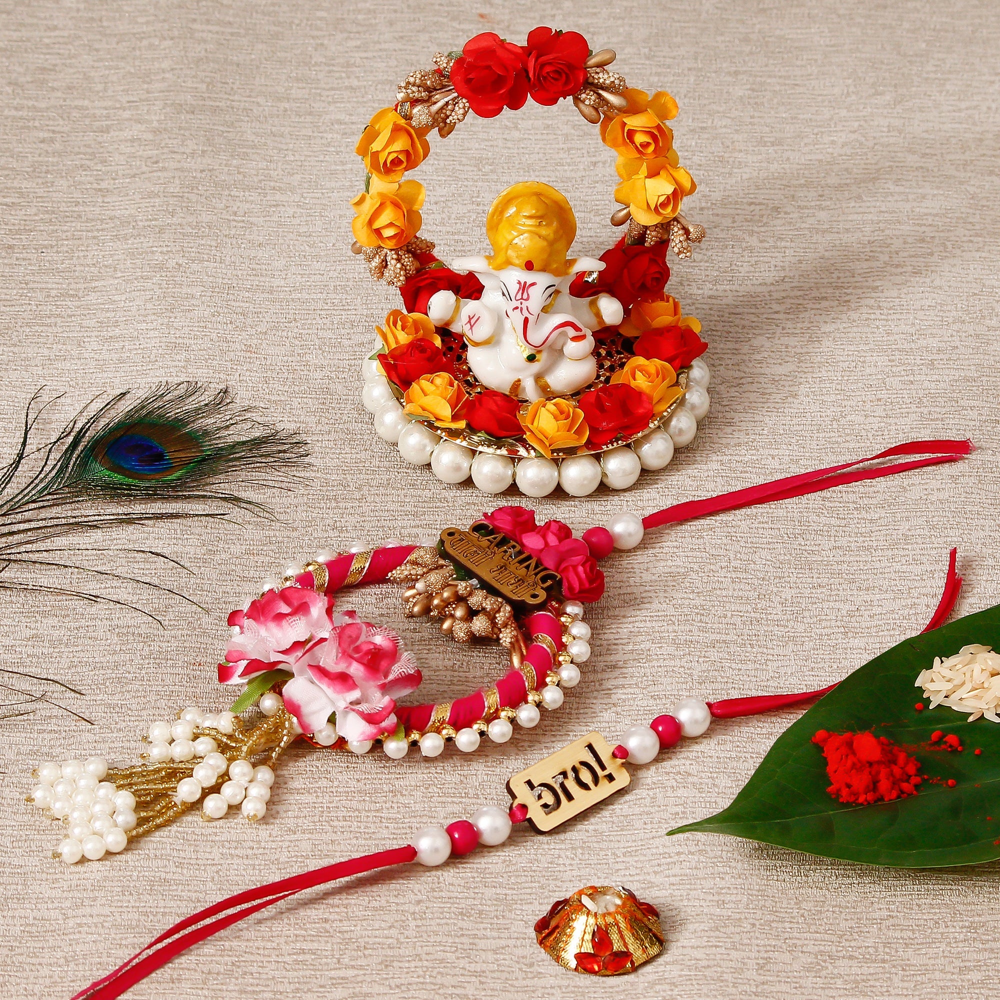 Designe Bhaiya Bhabhi Rakhi with Lord Ganesha Idol on Decorative Plate for Car & Home and Roli Tikka Matki Kafalo